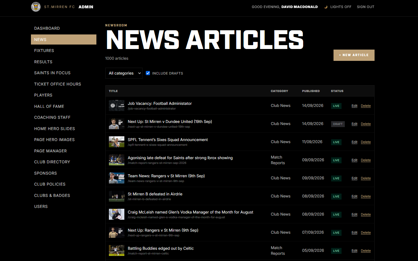 St Mirren Expression admin panel showing news articles