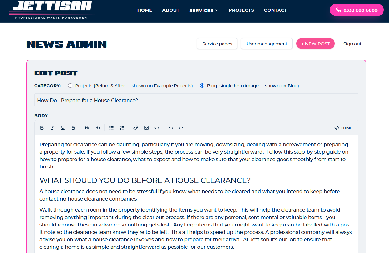 Jettison Expression admin panel showing the news editor