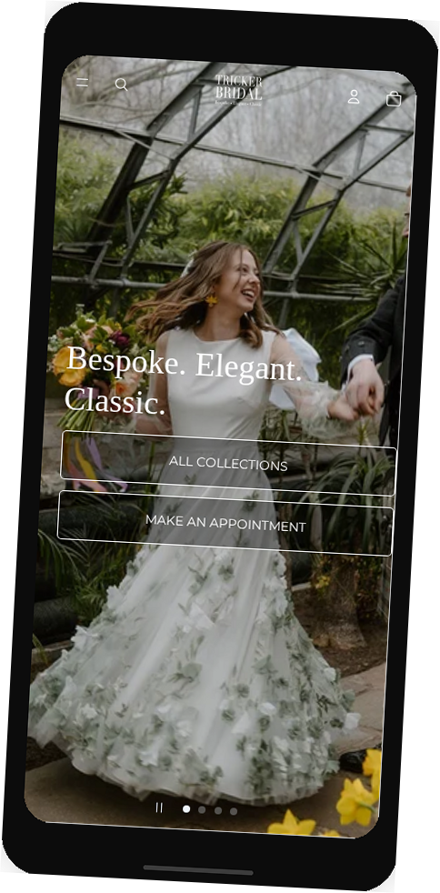 Tricker Bridal Shopify store shown on a mobile phone