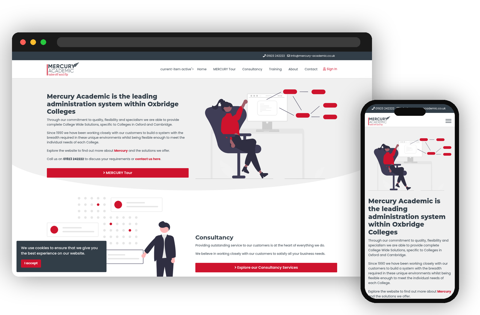 Mercury Academic website shown on desktop and mobile