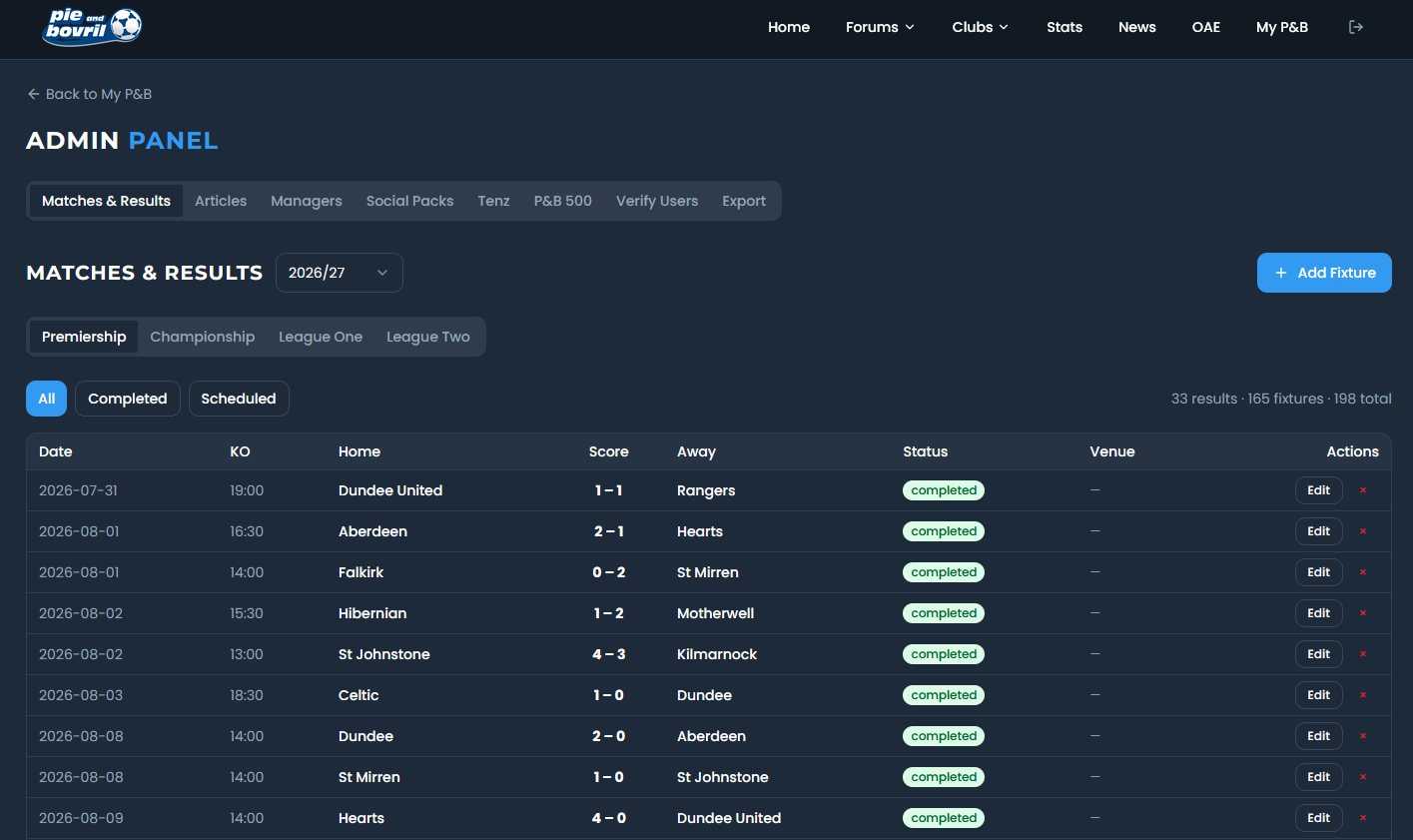 Pie and Bovril Expression admin panel showing match fixtures and results