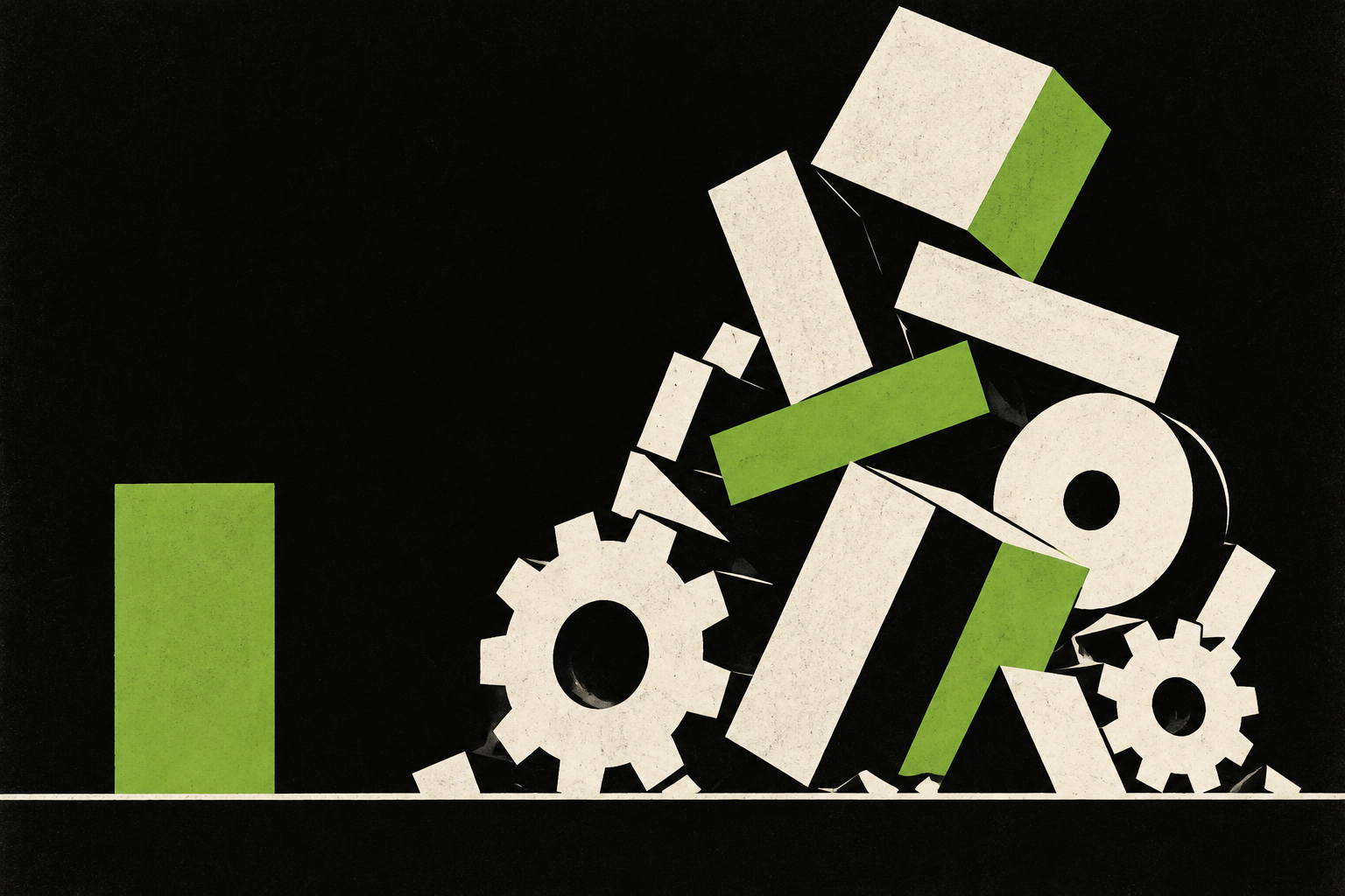 Abstract lime and black illustration of a bloated stack of parts collapsing beside one clean shape
