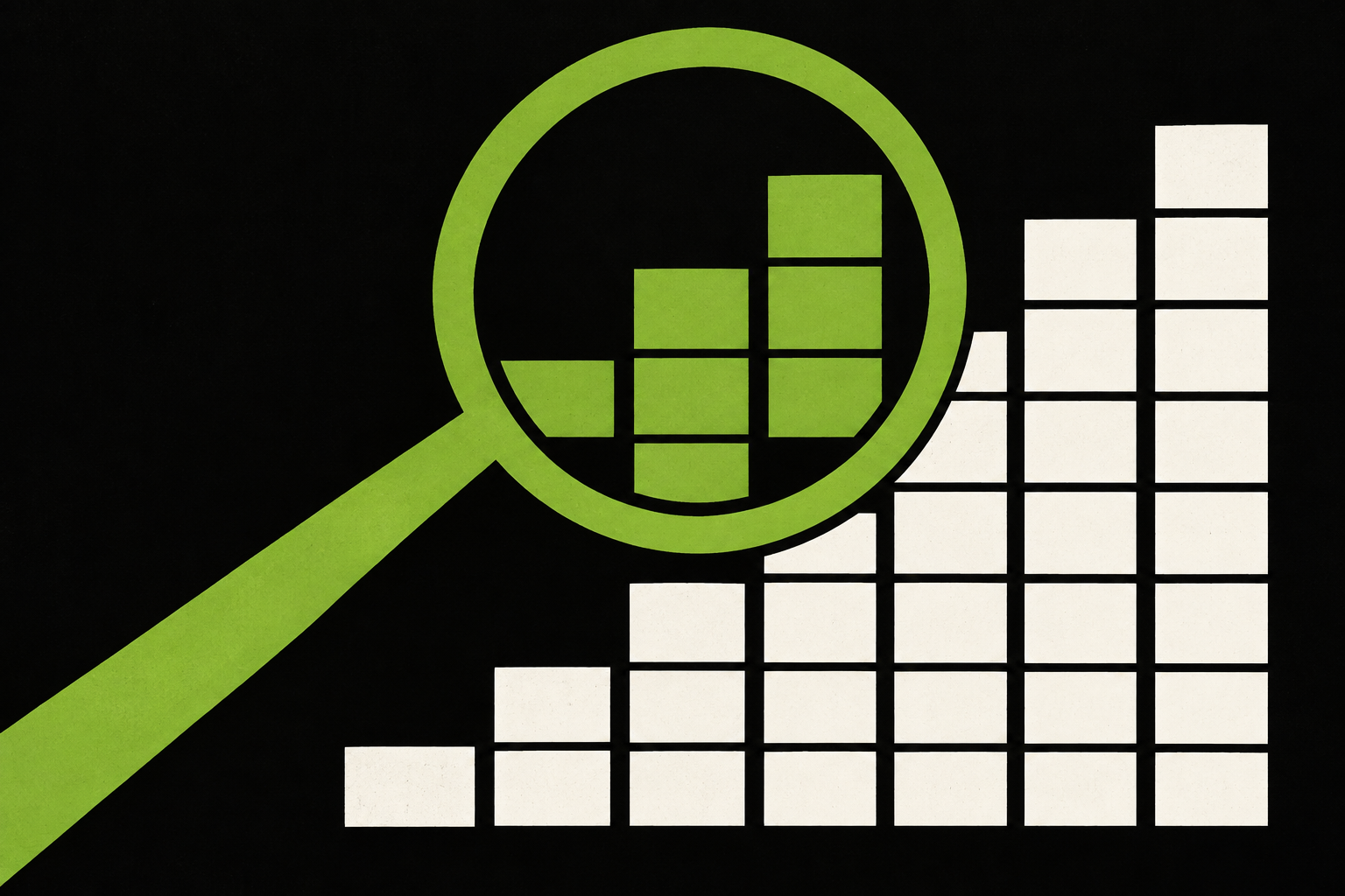 Abstract lime and black illustration of a magnifying glass scanning a rising chart