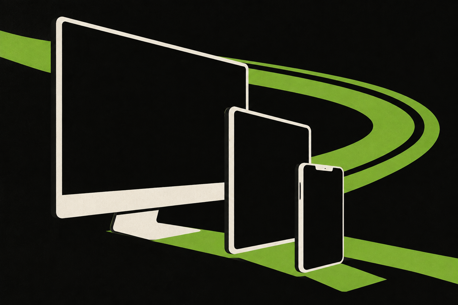 Abstract lime and black illustration of desktop, tablet and mobile screens on a curving track