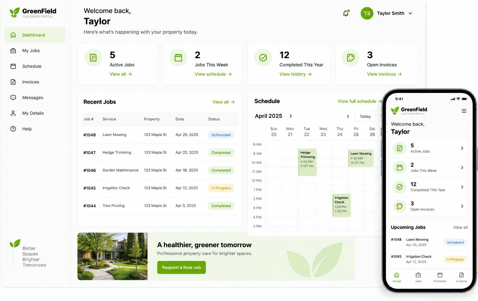 Customer portal web app shown on desktop and mobile, with jobs, schedule and invoices